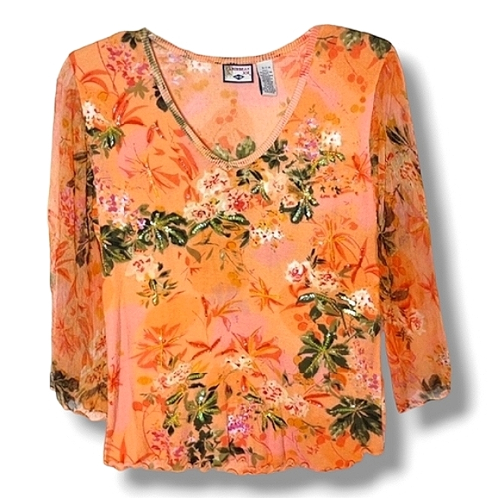 Vintage - Orange Floral Y2K Top - Size Small